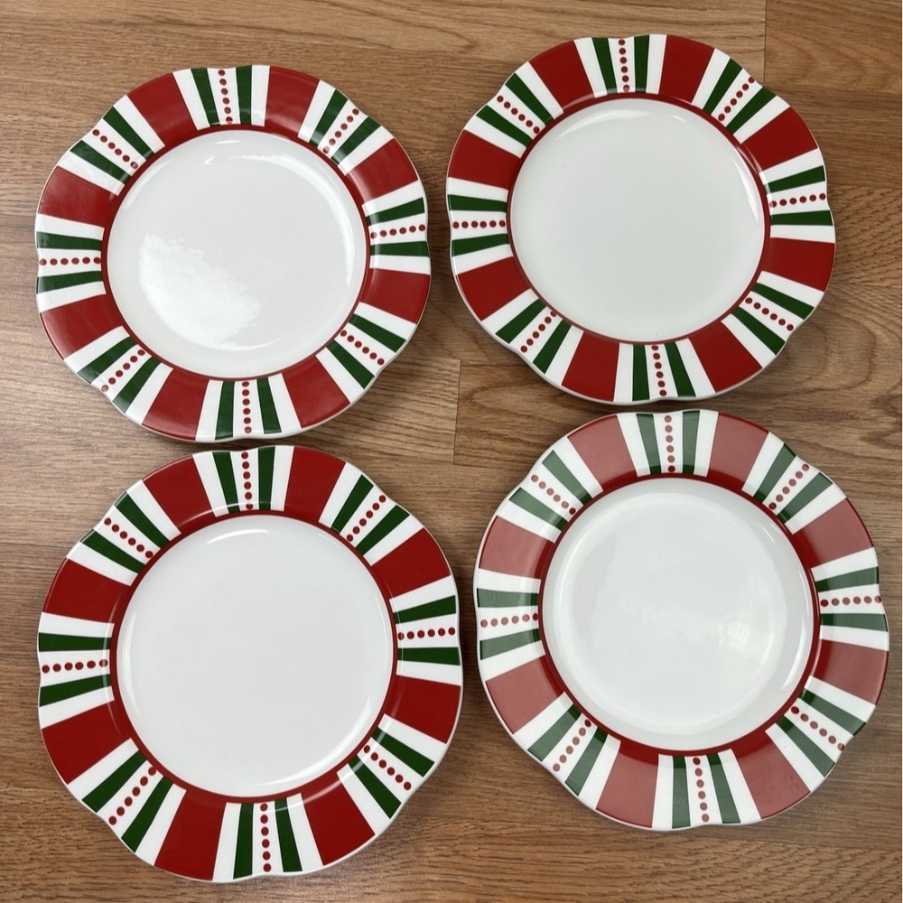 Pier 1 Christmas Stripes Scalloped Edge 9" Dessert Salad Plates, Set of‎ 4